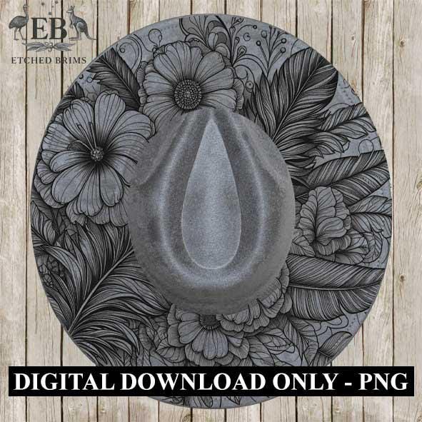 Boho Floral Feathers Laser Hat Burning Design, Digital Download PNG, Hat Burning Template Hat Laser Engraving Design Wide Brim Hat File EB05