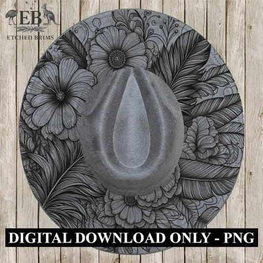 Boho Floral Feathers Laser Hat Burning Design, Digital Download PNG, Hat Burning Template Hat Laser Engraving Design Wide Brim Hat File EB05