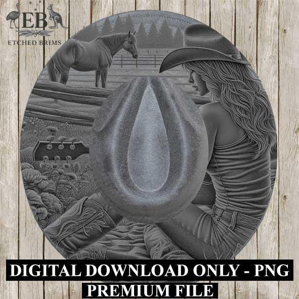 Cowgirl & Guitar 1, Laser Hat Burning Design, Digital Download PNG, Hat Burning Template, Hat Laser Engraving Design Wide Brim Hat File EB70