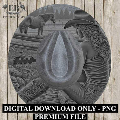 Cowgirl & Guitar 1, Laser Hat Burning Design, Digital Download PNG, Hat Burning Template, Hat Laser Engraving Design Wide Brim Hat File EB70
