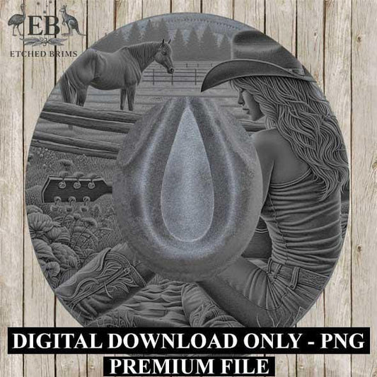Cowgirl & Guitar 1, Laser Hat Burning Design, Digital Download PNG, Hat Burning Template, Hat Laser Engraving Design Wide Brim Hat File EB70