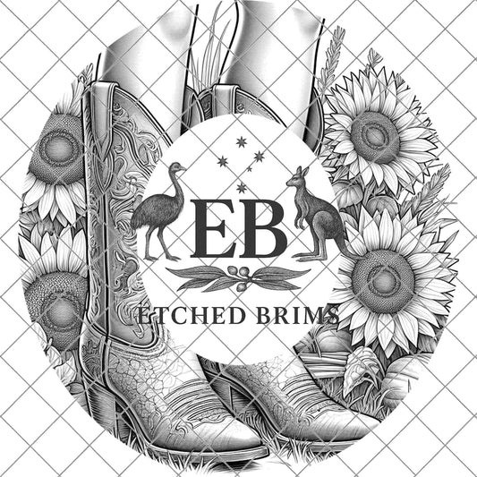 Cowgirl Boots & Sunflowers 7 Hat Burning Design, Western Brim PNG PDF Template, Digital Laser Design, Wide Brim Faux Suede Hat, EB631