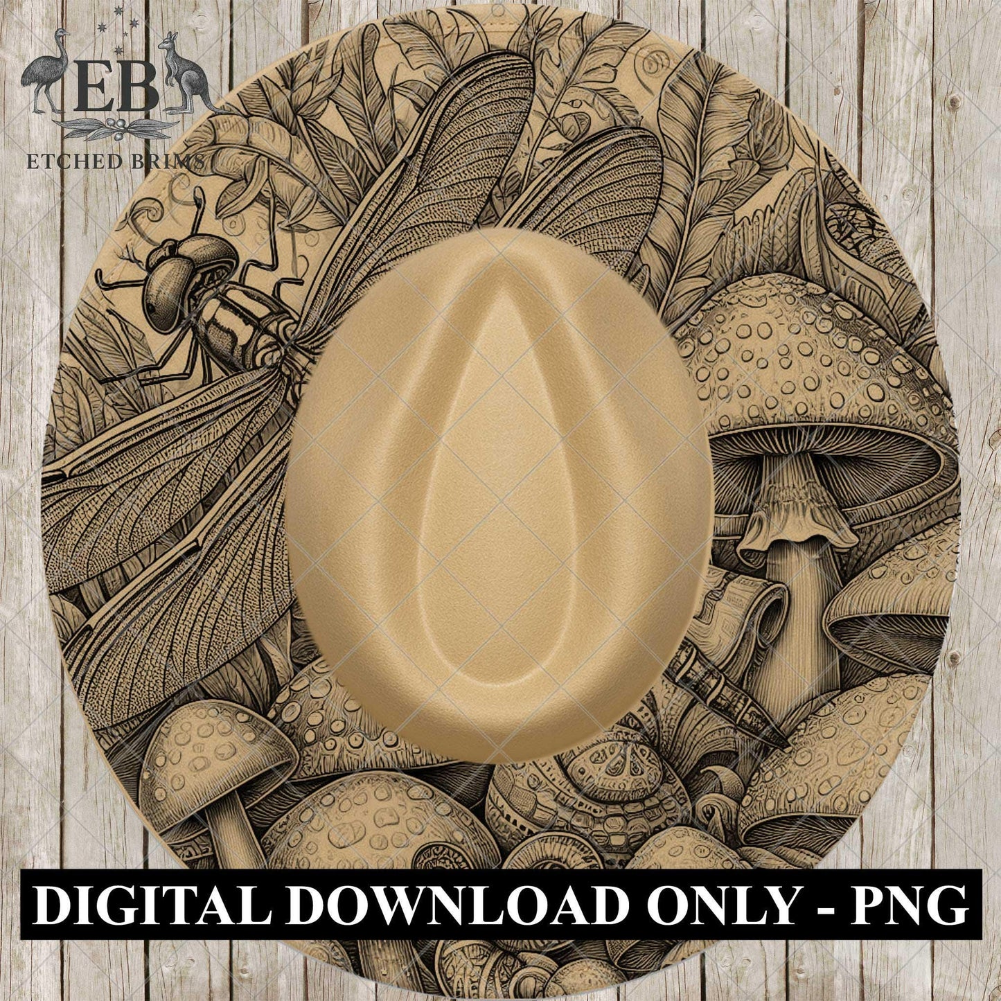 Mushrooms & Dragonfly, Hat Burning Design, Laser Hat Burning Design, Digital Download PNG, Hat Burning Template, Wide Brim Hat Design, EB879