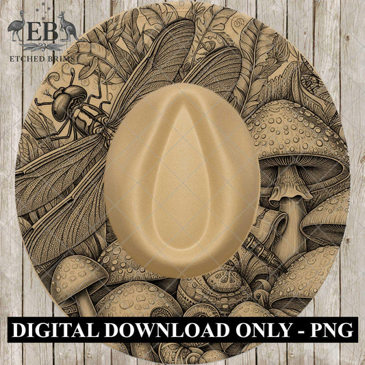Mushrooms & Dragonfly, Hat Burning Design, Laser Hat Burning Design, Digital Download PNG, Hat Burning Template, Wide Brim Hat Design, EB879