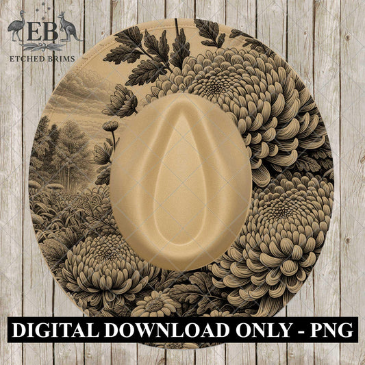 Chrysanthemum Flowers, Hat Burning Design, Digital Download PNG, Hat Burning Template, Hat Laser Engraving Design, Wide Brim, EB1086