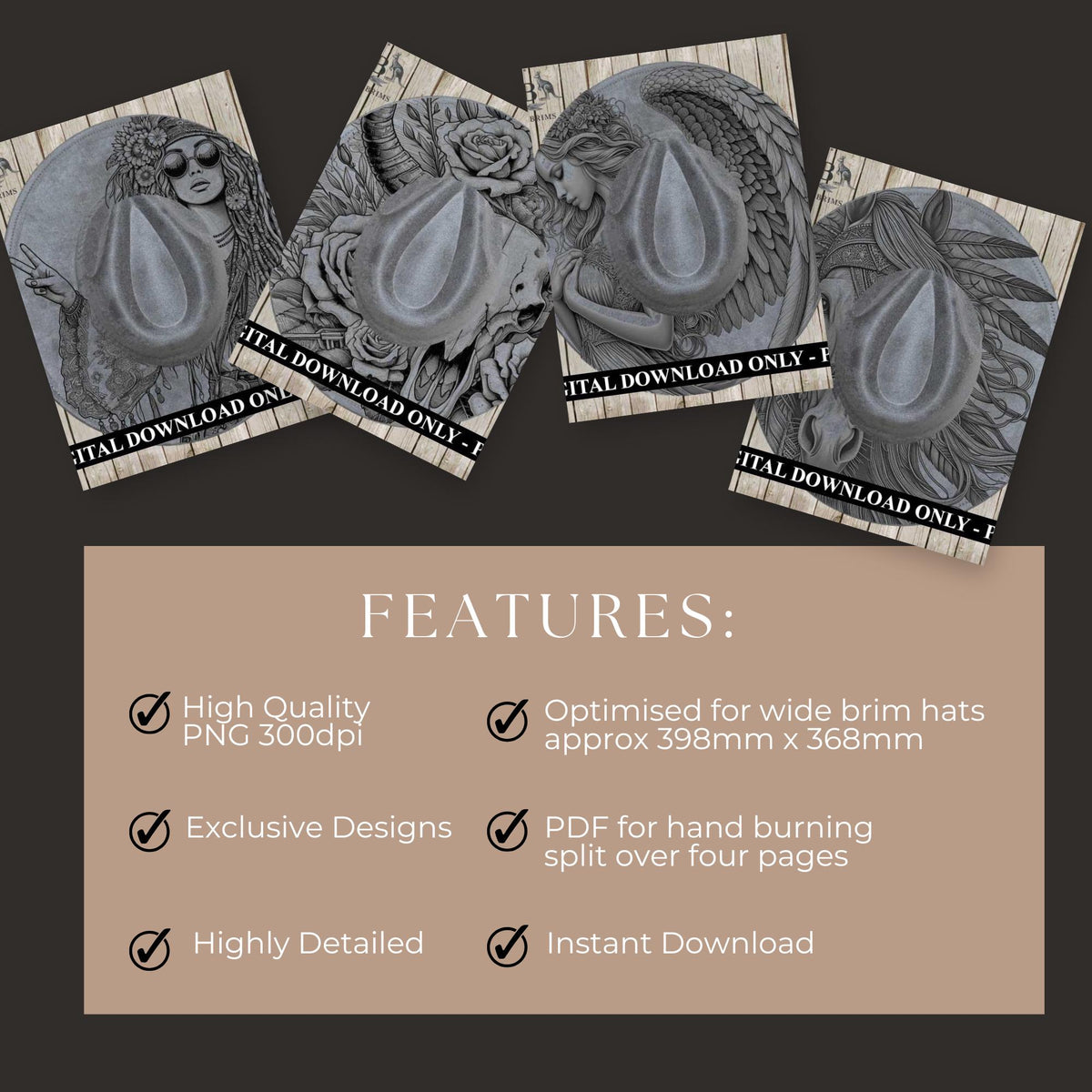 four different images, each with a unique design and size. The images are described as having high quality, exclusive designs, and being highly detailed. The text indicates that these features are optimised for wide brim hats, have a PDF for hand burning, and are split over four pages. The image is a collage of four separate images, and it is described as having a high level of detail and being highly detailed.