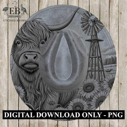 Highland Cow & Windmill Hat Design 6, Rustic Farmhouse Sunflower Brim Template, Western Laser Engraving Digital Download Hat File, EB374