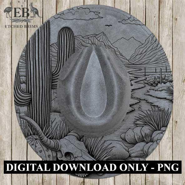 Desert Engraved Hat #4, Western Cactus & Skull Design, Faux Suede Wide Brim Hat with Laser Burned Brim – Boho Cowboy Style - Laser File EB77