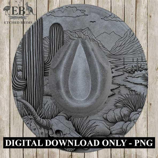 Desert Engraved Hat #4, Western Cactus & Skull Design, Faux Suede Wide Brim Hat with Laser Burned Brim – Boho Cowboy Style - Laser File EB77