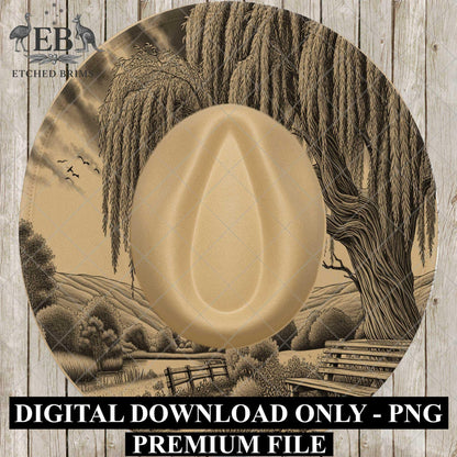 Weeping Willow Countryside, Hat Burning Design, Hand Burning Stencil, PDF & PNG, Hat Burning Template, Laser Engraving Design, EB731