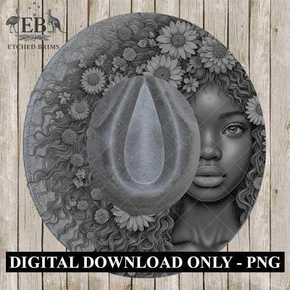 Girl & Flowers 31, Boho Woman Hat Engraving Template, Floral Hair PNG for Brim Burning, Western Hat Design, Digital File for Burners EB526