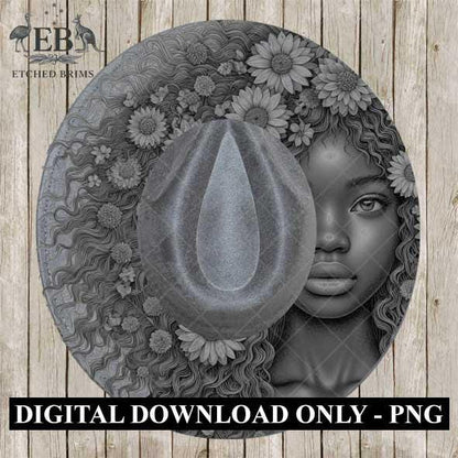 Girl & Flowers 31, Boho Woman Hat Engraving Template, Floral Hair PNG for Brim Burning, Western Hat Design, Digital File for Burners EB526