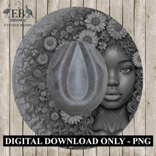 Girl & Flowers 31, Boho Woman Hat Engraving Template, Floral Hair PNG for Brim Burning, Western Hat Design, Digital File for Burners EB526