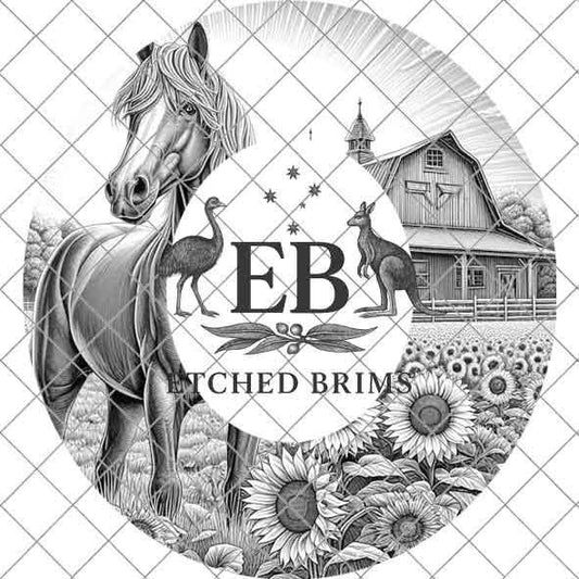 Horse & Sunflowers 1, Farm Horse Design, Laser Hat Burning Design, Digital Download PNG, Hat Burning Template, Wide Brim Hat File, EB183
