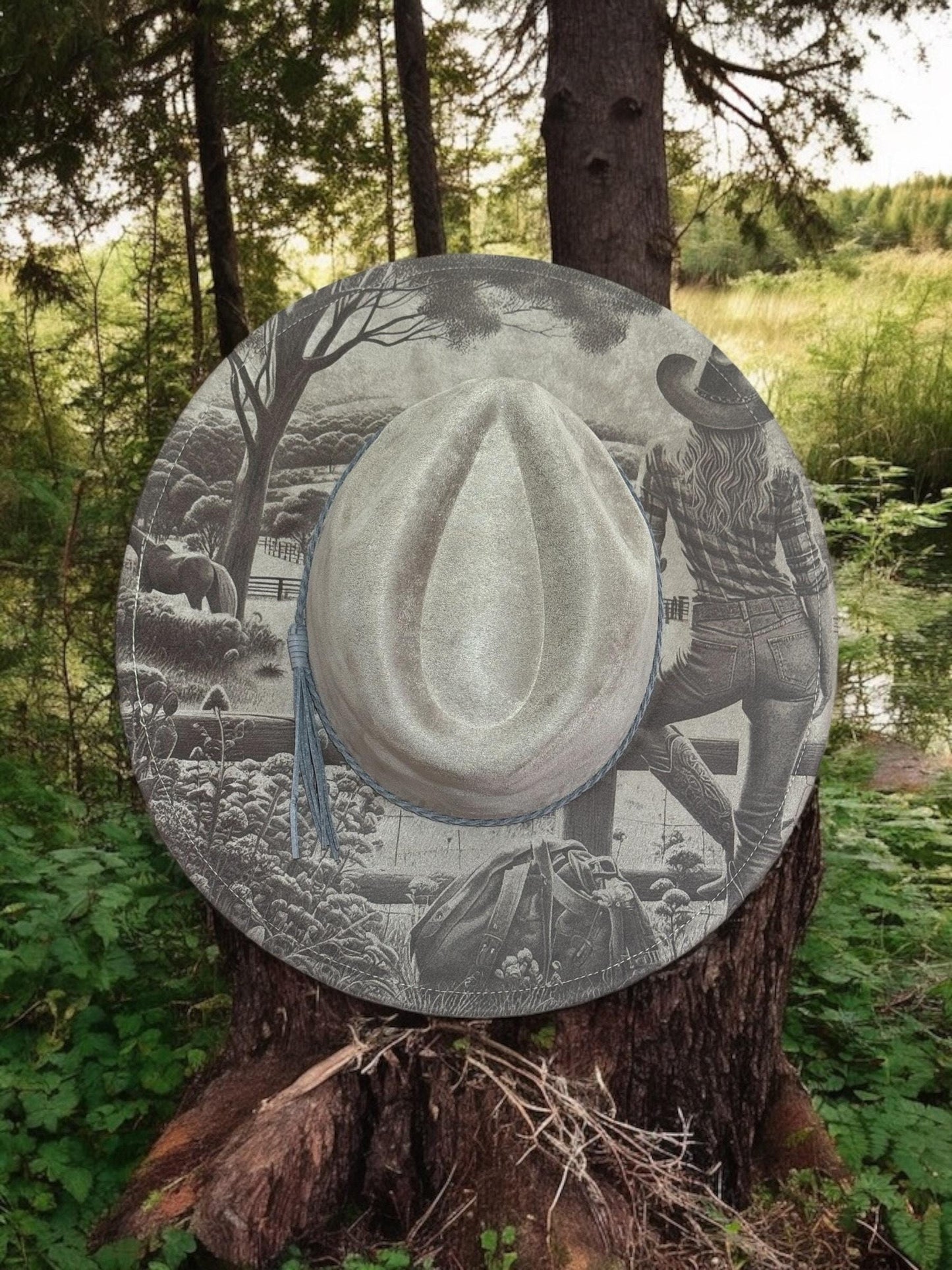Wanderers View - Laser Engraved Cow Girl Hat with Horse Scene, Wide Brim Hat, Vegan Suede Fedora Hat, Laser Engraved, Burned Fedora