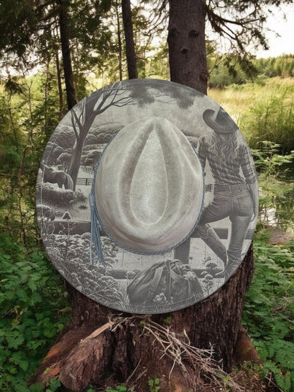 Wanderers View - Laser Engraved Cow Girl Hat with Horse Scene, Wide Brim Hat, Vegan Suede Fedora Hat, Laser Engraved, Burned Fedora