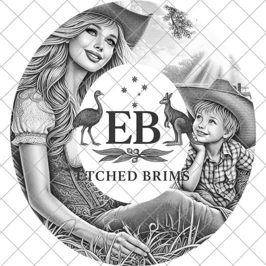 Cowgirl and Son, Hat Burning Design, for Wide Brim Fedora, Mother and Boy PNG, EB930