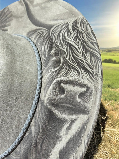 Highland Cow Laser Engraved Hat – Rustic Western Brim with Sunflowers & Windmill | Country Rodeo Cowboy Cowgirl Fedora