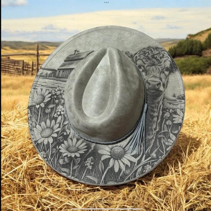 Highland Cow – Laser Engraved Highland Cow Brim Hat, Wide Brim Hat, Vegan Suede Fedora Hat, Laser Engraved, Burned Fedora