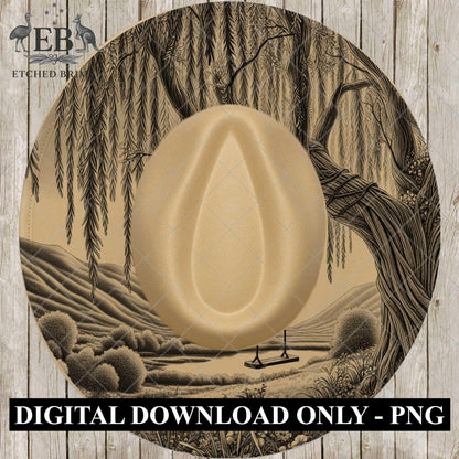 Weeping Willow Countryside, Hat Burning Design, Hand Burning Stencil, PDF & PNG, Hat Burning Template, Laser Engraving Design, EB733
