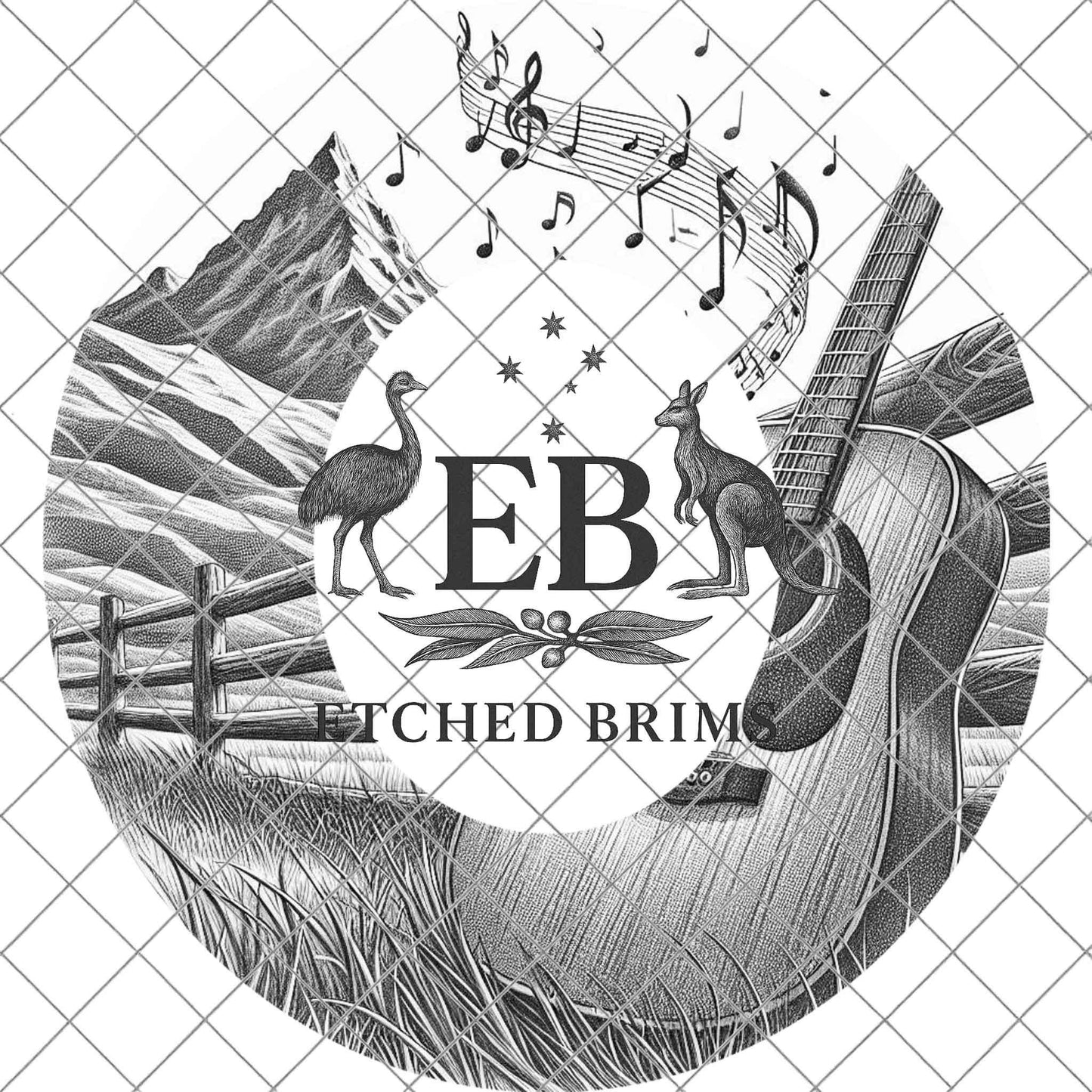 Country Music Guitar Mountains 3, Hat Burning Design, Wide Brim Hat Burning Template, Laser Hat Engraving Template, Printable Stencil, EB771