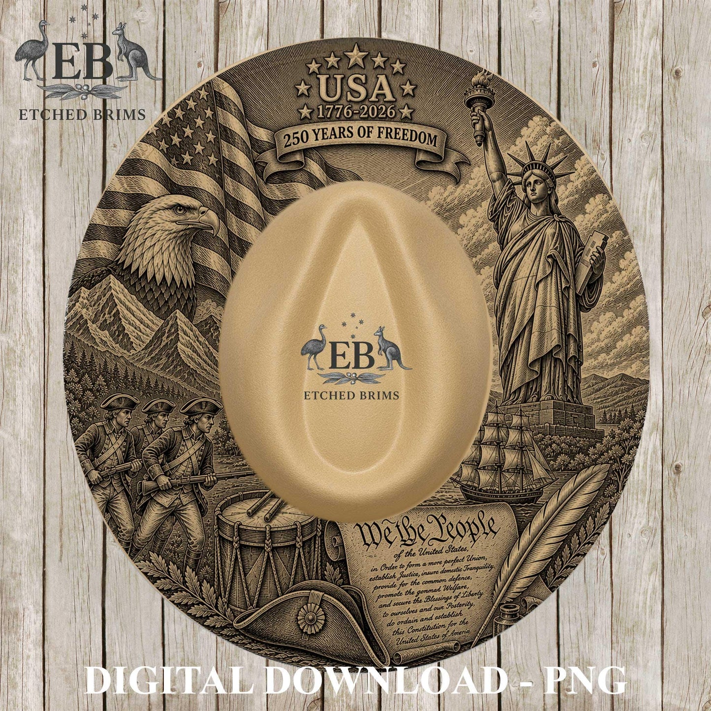 USA 250 Years Semiquincentennial Hat Burning Design, Patriotic Revolutionary War Design, Eagle, Statue Liberty, Hat Brim Template, EB1253