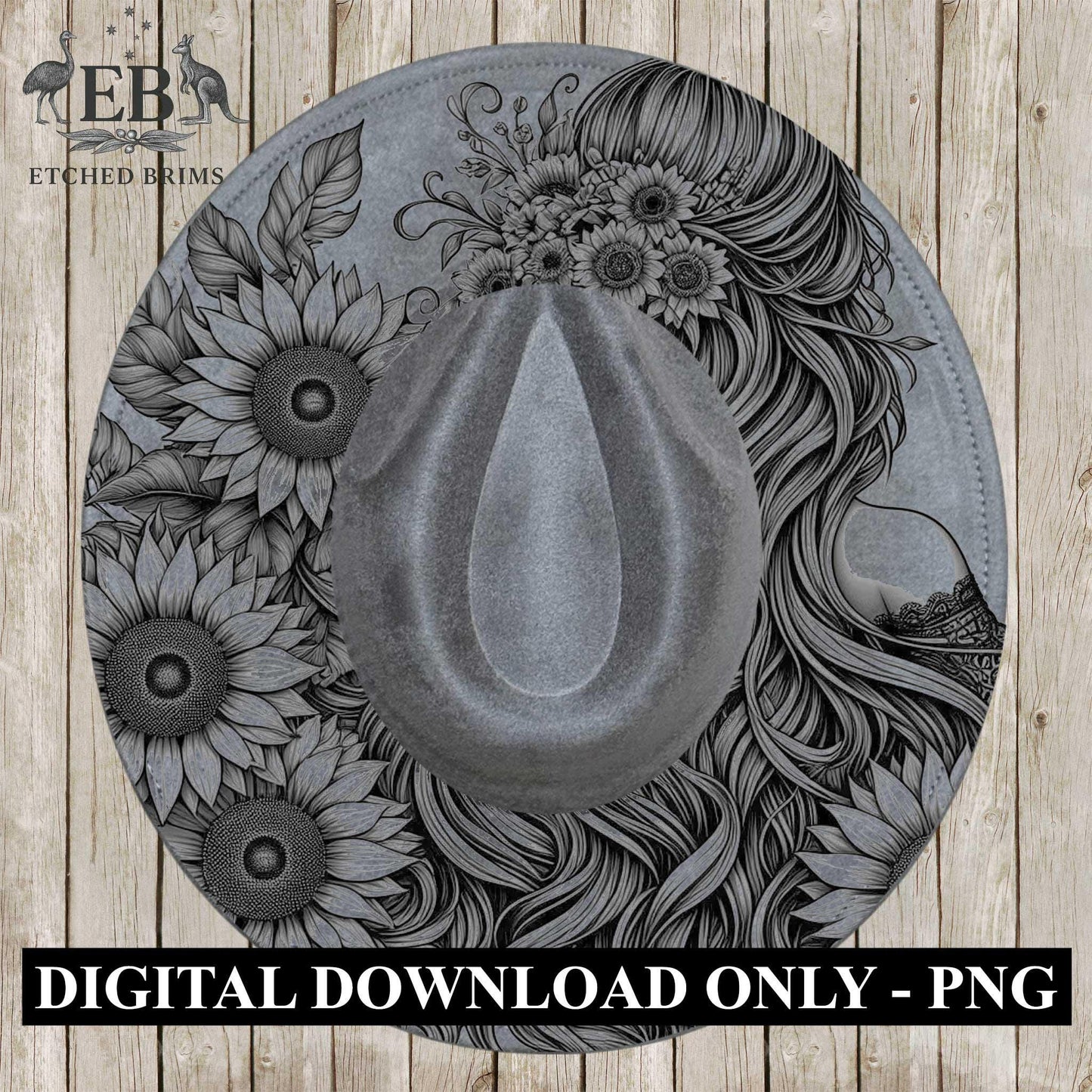 Girl and Sunflowers 1 Hat Burning Design, Digital Download PDF & PDF Hand Burning, Wide Brim Hat, Printable Hat Stencil, EB624