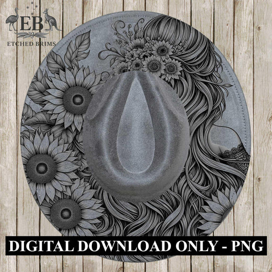 Girl and Sunflowers 1 Hat Burning Design, Digital Download PDF & PDF Hand Burning, Wide Brim Hat, Printable Hat Stencil, EB624