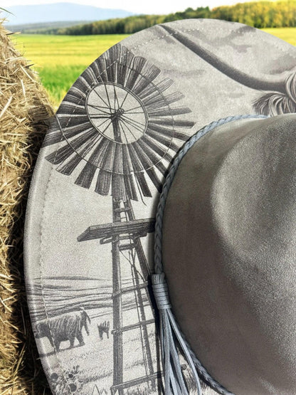 Highland Cow Laser Engraved Hat – Rustic Western Brim with Sunflowers & Windmill | Country Rodeo Cowboy Cowgirl Fedora
