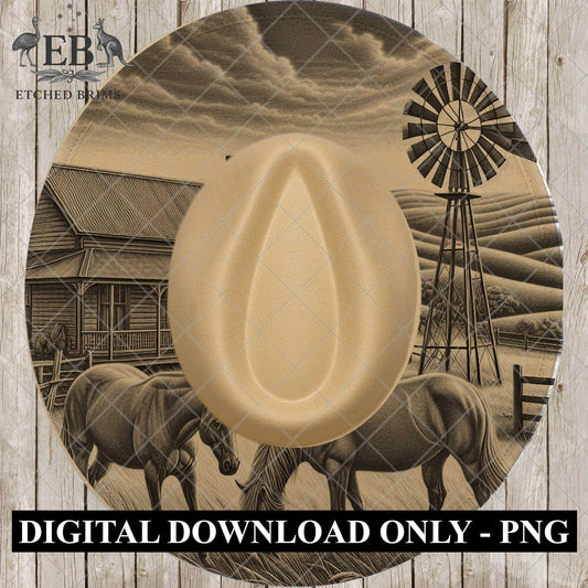Hat Burning Design, Windmill and Horses, Outback Homestead, Laser Engraving Template for Cowboy Hat, Rustic Western Country Farm, EB1038
