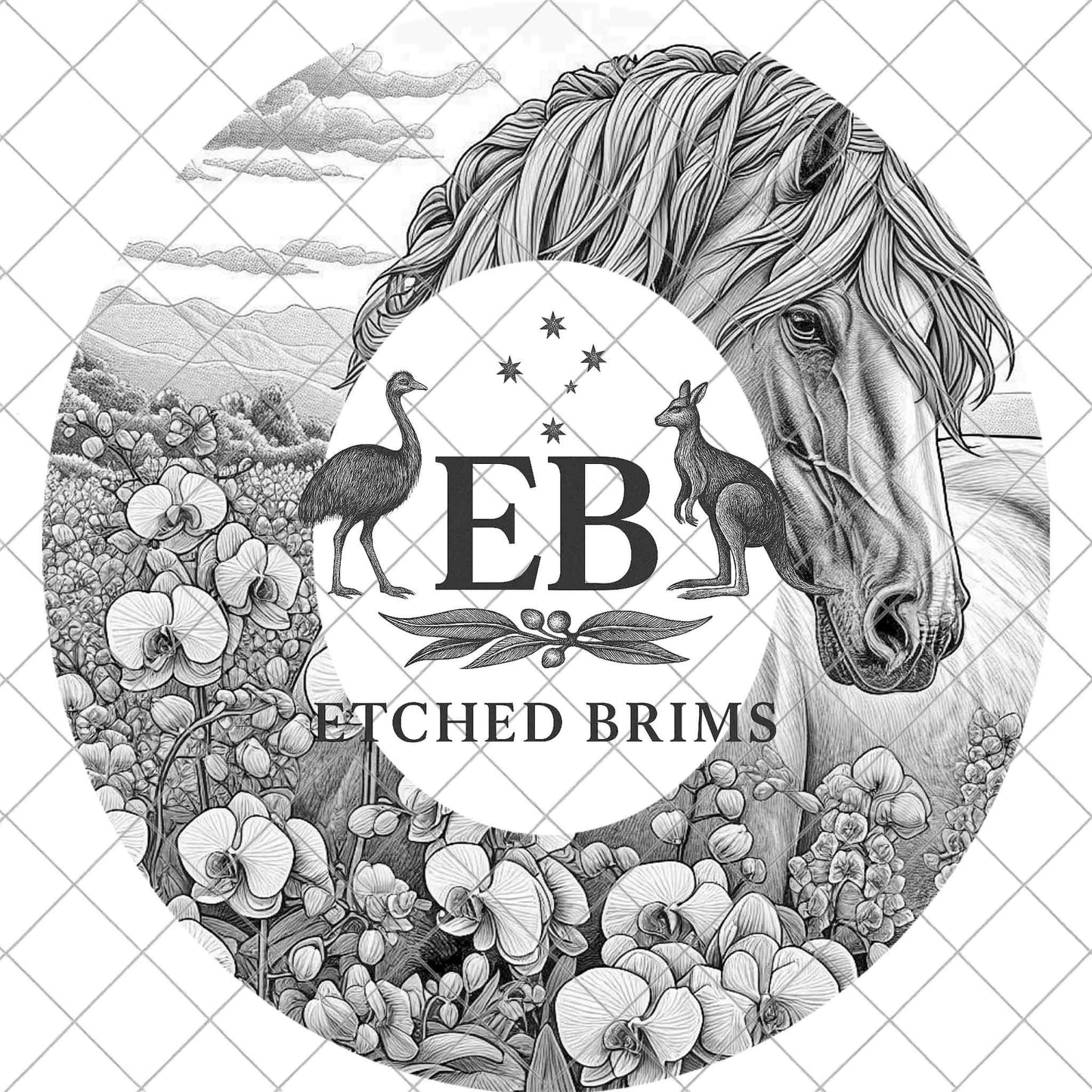 Horse & Orchid Flowers, Hat Burning Template for Wide Brim Hats. PNG for Laser Engraving and PDF Burning Stencil for Hand Burning, EB867
