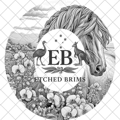 Horse & Orchid Flowers, Hat Burning Template for Wide Brim Hats. PNG for Laser Engraving and PDF Burning Stencil for Hand Burning, EB867