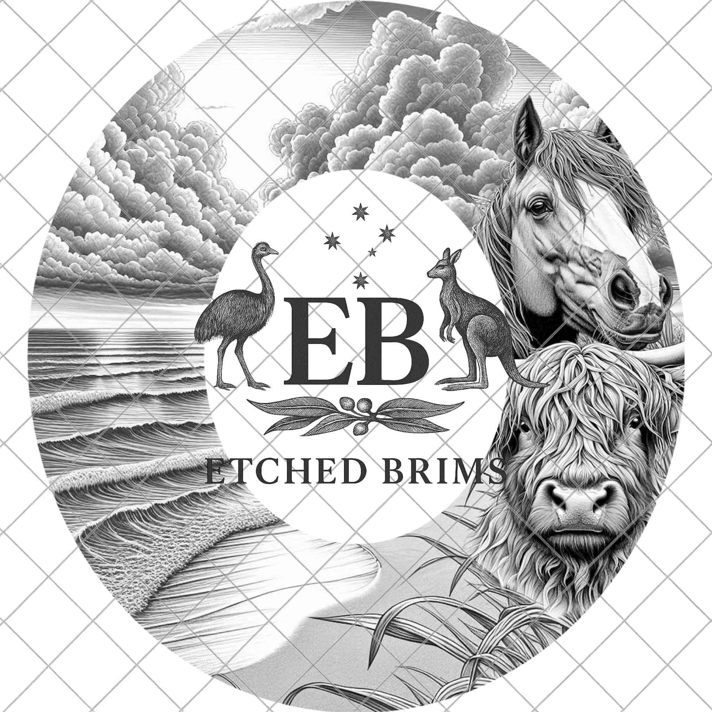 Beach scene with Horse and Highland Cow, Hat Burning Design, Cowgirl Laser Engraving Template for Wide Brim Fedora, EB897