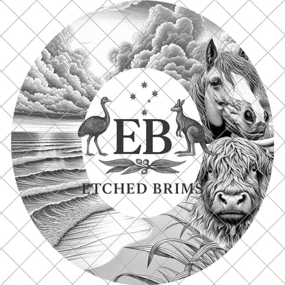 Beach scene with Horse and Highland Cow, Hat Burning Design, Cowgirl Laser Engraving Template for Wide Brim Fedora, EB897