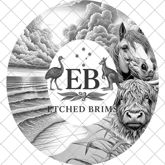 Beach scene with Horse and Highland Cow, Hat Burning Design, Cowgirl Laser Engraving Template for Wide Brim Fedora, EB897