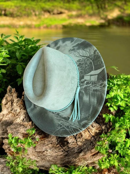 The Bushman’s Retreat - Engraved Fishing Camping Scene Wide Brim Hat, Vegan Suede Fedora Hat, Laser Engraved, Cowboy Hat, Burned Fedora