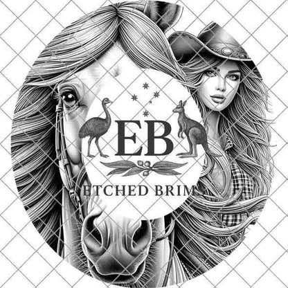 Cowgirl Horse 6, Laser Hat Burning Design, Digital Download PNG, Hat Burning Template, Hat Laser Engraving Design, Wide Brim Hat File EB226