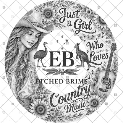 Just A Girl Who Loves Country Music, Hat Burning Template, Sunflowers Wide Brim Laser Hat Engraving Design, Printable Stencil, EB1286