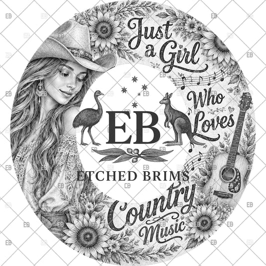 Just A Girl Who Loves Country Music, Hat Burning Template, Sunflowers Wide Brim Laser Hat Engraving Design, Printable Stencil, EB1286