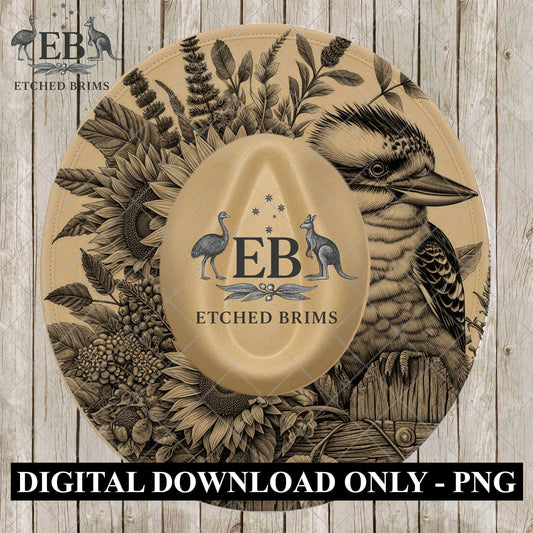 Australian Kookaburra Hat Burning Design, Sunflowers, Lavender, Wide Brim Laser Hat Template, PDF & PNG, EB1100