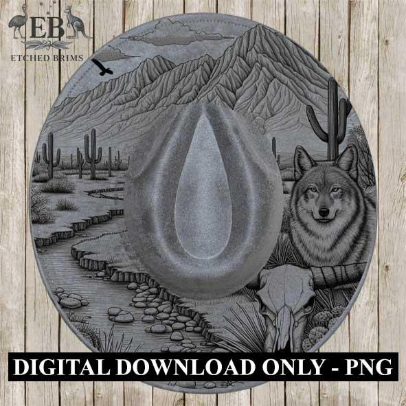 Desert Wolf Engraved Hat, Western Cactus & Skull Design, Faux Suede Wide Brim Hat with Laser Burned Brim,Boho Cowboy Style, Laser File EB14