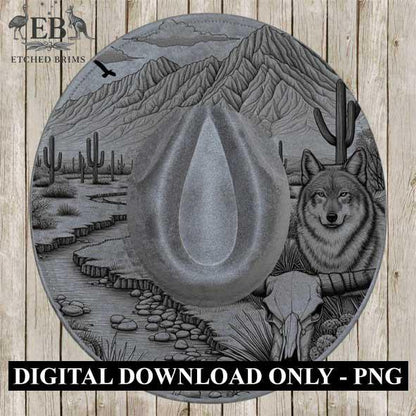 Desert Wolf Engraved Hat, Western Cactus & Skull Design, Faux Suede Wide Brim Hat with Laser Burned Brim,Boho Cowboy Style, Laser File EB14