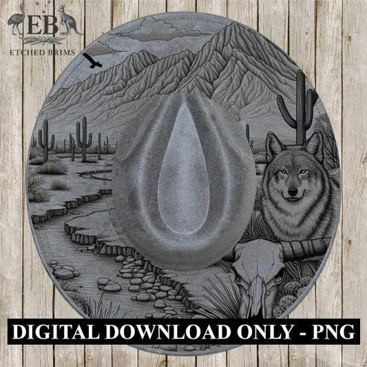 Desert Wolf Engraved Hat, Western Cactus & Skull Design, Faux Suede Wide Brim Hat with Laser Burned Brim,Boho Cowboy Style, Laser File EB14