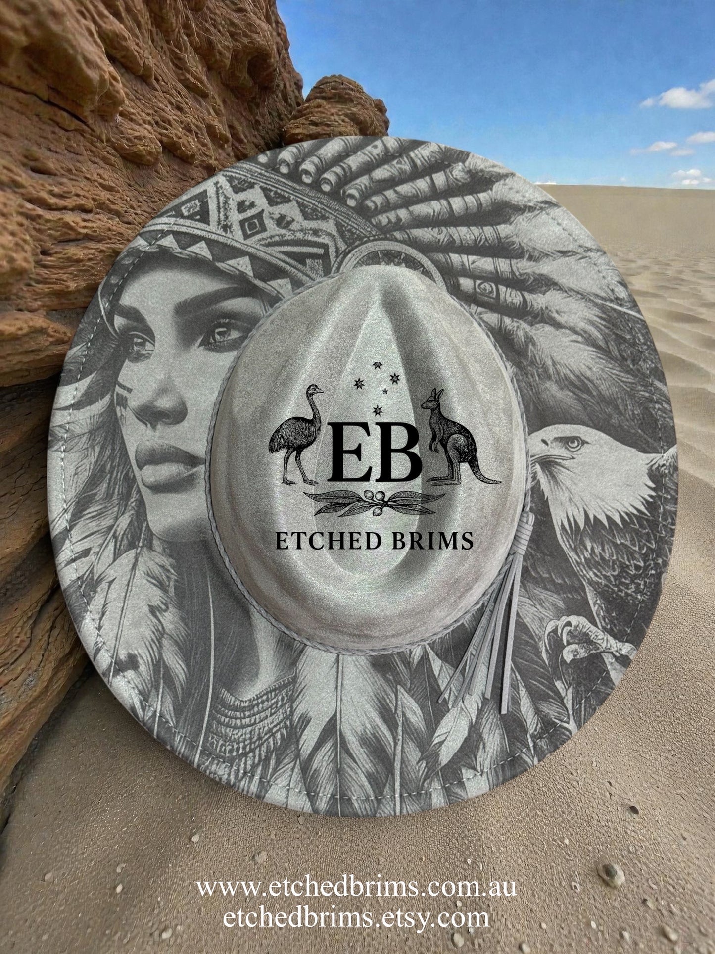 Desert Warrior Queen – Laser Engraved Native Indian Woman & Eagle Hat, Wide Brim Hat, Vegan Suede Fedora Hat, Laser Engraved, Burned Fedora