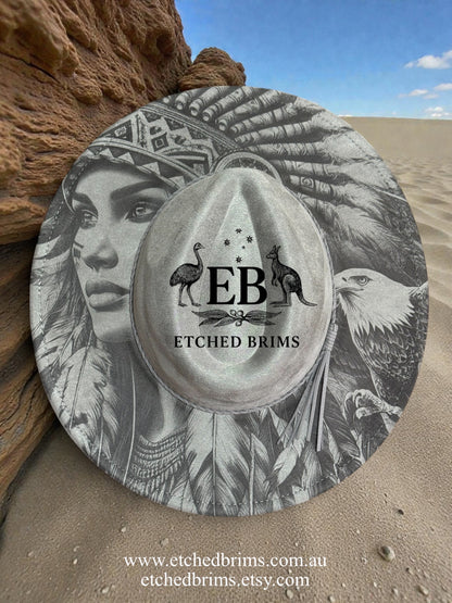 Desert Warrior Queen – Laser Engraved Native Indian Woman & Eagle Hat, Wide Brim Hat, Vegan Suede Fedora Hat, Laser Engraved, Burned Fedora