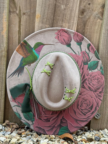 Hummingbird and Roses  - Engraved Wide Brim Hat, Vegan Suede Fedora Hat, Laser Engraved, Cowboy Hat, Burned Fedora