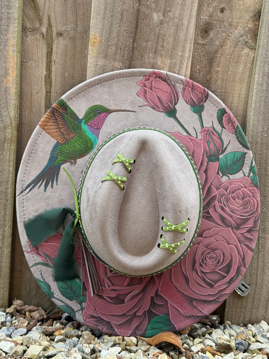 Hummingbird and Roses  - Engraved Wide Brim Hat, Vegan Suede Fedora Hat, Laser Engraved, Cowboy Hat, Burned Fedora