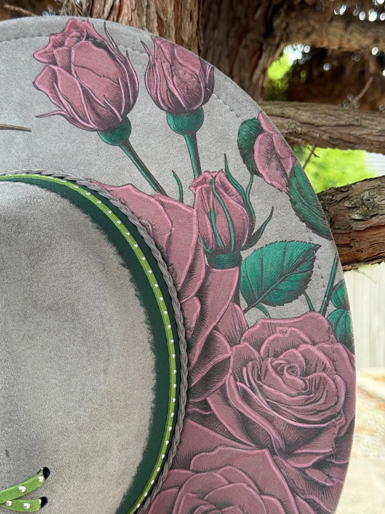 Hummingbird and Roses  - Engraved Wide Brim Hat, Vegan Suede Fedora Hat, Laser Engraved, Cowboy Hat, Burned Fedora
