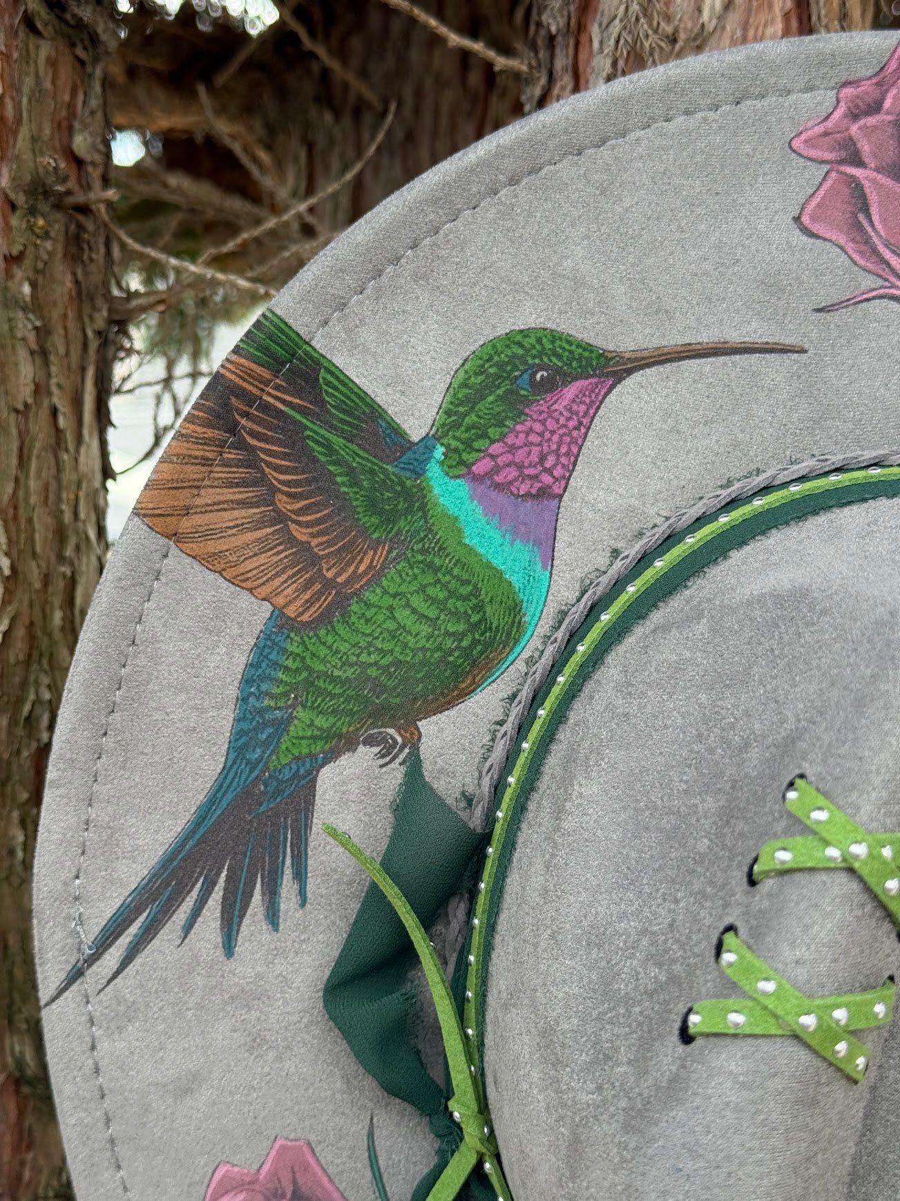 Hummingbird and Roses  - Engraved Wide Brim Hat, Vegan Suede Fedora Hat, Laser Engraved, Cowboy Hat, Burned Fedora