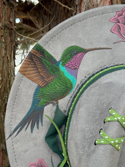 Hummingbird and Roses  - Engraved Wide Brim Hat, Vegan Suede Fedora Hat, Laser Engraved, Cowboy Hat, Burned Fedora